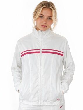 Nike Track Jacket Womens L White Excellent Pink Stripe Full Zip Mesh Lined
